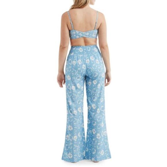 Hermoza Women's Nora India Wide Leg Cover Up Pants In Sea Blue White Sand Dollar - Picture 2 of 9